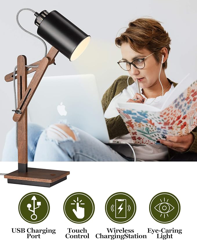 ELYONA Touch Control Sapele Wood Desk Lamp with Wireless Charging & USB Port, LED Reading Task Light,Adjustable, Swing Arm Table Lamp for Bedroom, Study Work, Office, Dorm, Bulb Included, Black