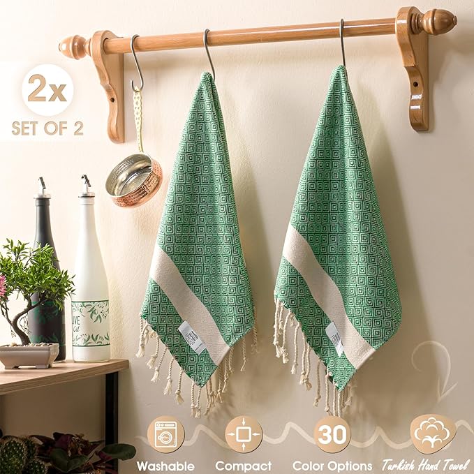 Hand Towels - Set of 2 | 18" x 30" - Decorative Turkish Hand Towel for Bathroom, Kitchen, Guest, Face, Hair, Tea, Dishcloth (Diamond, Benetton)
