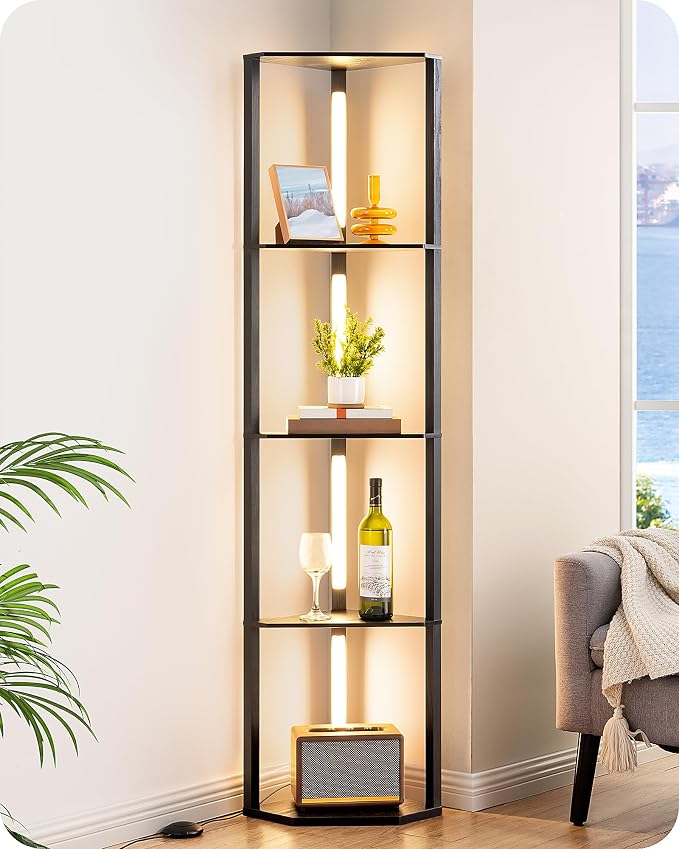 EDISHINE 64" Corner Display Shelf with Light, Modern Corner Floor Lamp with Shelves, 3CCT, Stepless Dimmable Standing Lamp for Living Room, Bedroom, Office, Dining Room, 3000K 4000K 5000K, Black