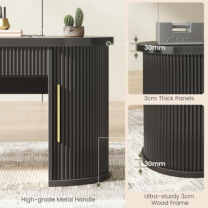 SEDETA Office Desk with 2 Drawers, 58.3" x 21.7" Fluted Long Computer Desk with 2 Sliding Doors Storage and Power Strip, Wood Executive Desk for Home Office, Living Room, Bedroom, Black