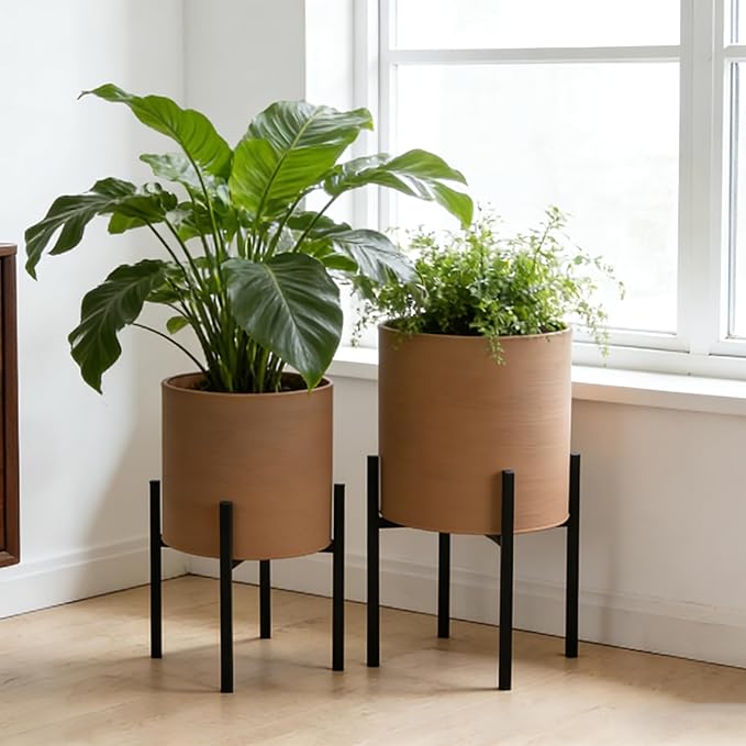 ARNIS Modern Plant Pots, Set of 2 Large Planters with Stand, Decorative Planters, Metal Pots with Drainage Holes for Living Room, Office, Garden or Balcony, 8.25 &10.5 Inch, Terracotta