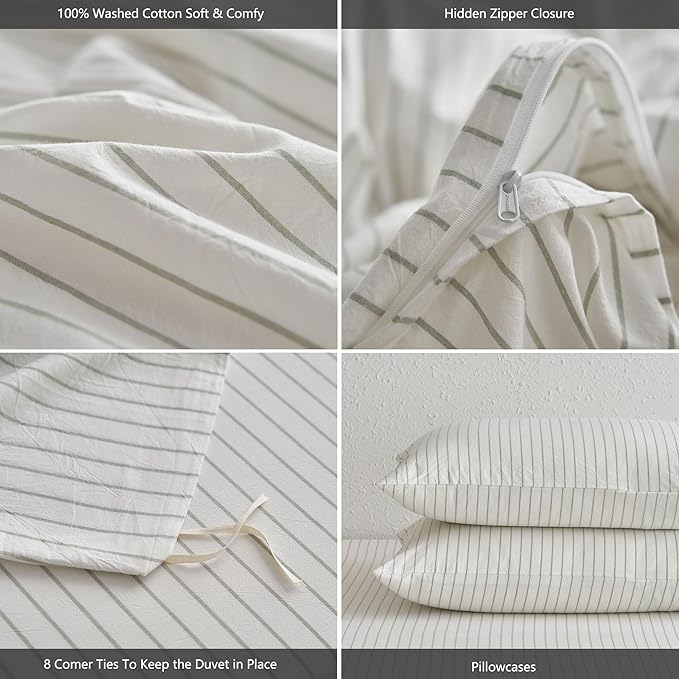 MooMee Striped Duvet Cover Set 100% Washed Cotton Linen Like Textured Breathable Durable Soft Comfy (White Sage Green Wide Stripes, Super King Plus 120"x120")