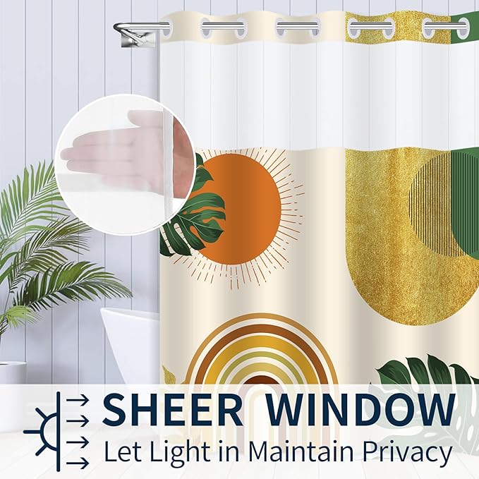 No Hook Shower Curtain,Orange and Green Plant,Rustic Farmhouse,Modern Geometric Sun,Mid Century Shower Curtains with High Visibility Window,White Lining is Detachable,71x74inch