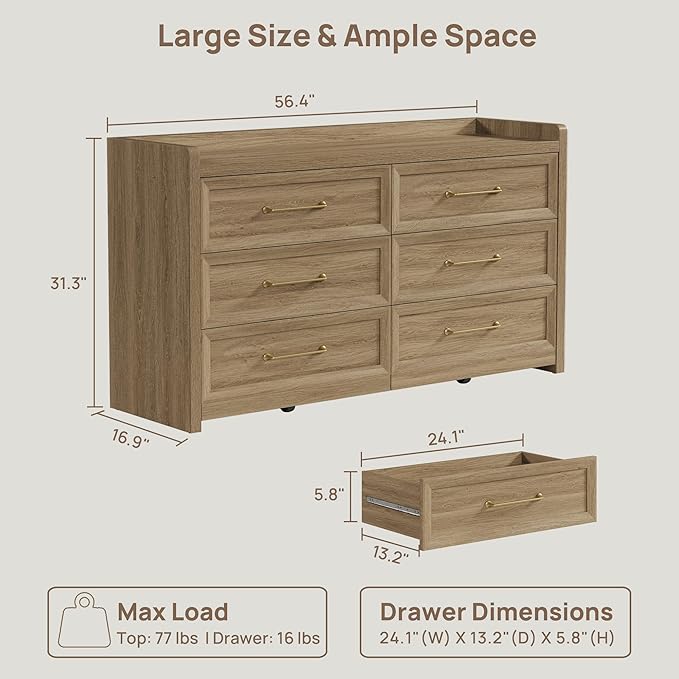 SICOTAS 6 Drawer Dresser for Bedroom-112.8" Extra-Wide Wooden Chest of Drawers with Large Storage, Long Dresser TV Stand with Drawers, Mid Century Modern Closet Dressers for Nursery, Brown Oak, 2PCS