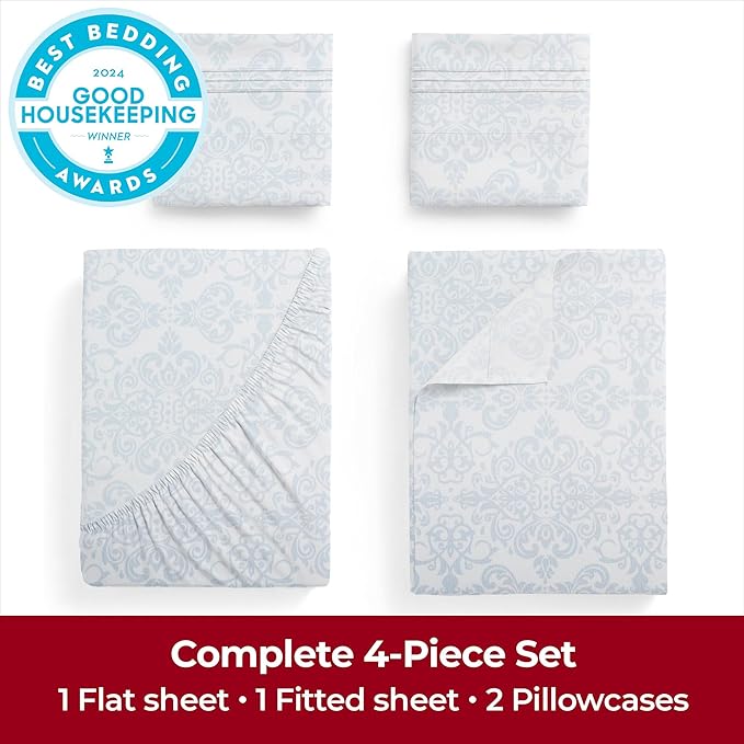 Mellanni King Sheets Set - 4 PC Iconic Collection Bedding - Hotel Luxury, Extra Soft, Cooling Bed Sheets - Wrinkle, Fade, Stain Resistant (King, Laced Sky Blue)