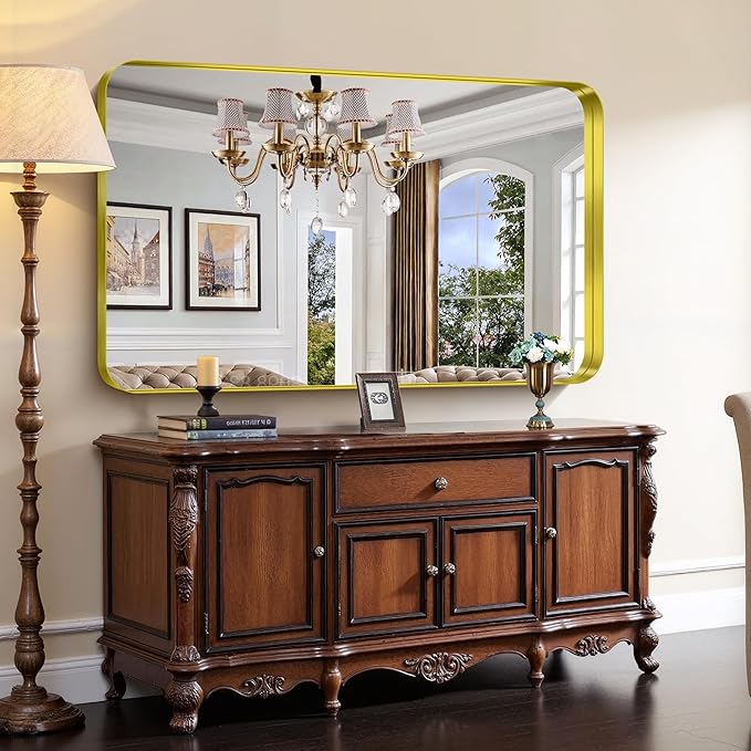 CIRCUMI Gold Bathroom Mirror, 36"x60" Rectangular Mirror with Deep Metal Frame, Rounded Corner, Tempered Glass, Large Mirror for Wall, Over 2 Sinks, Installed Vertically/Horizontally, Crystal-Clear
