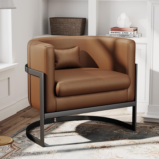 Brown Faux Leather Barrel Accent Chair Modern Upholstered Armchair for Living Room Bedroom Single Sofa Chair Club Side Chairs