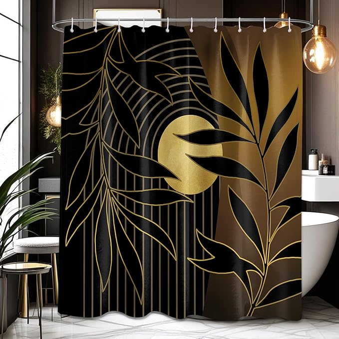 Black and Gold Boho Shower Curtain, Mid Century Modern Shower Curtains for Bathroom, Mens Bath Curtain Set, Waterproof Fabric with Hooks, 60" W x 72" L (Pack of 1)