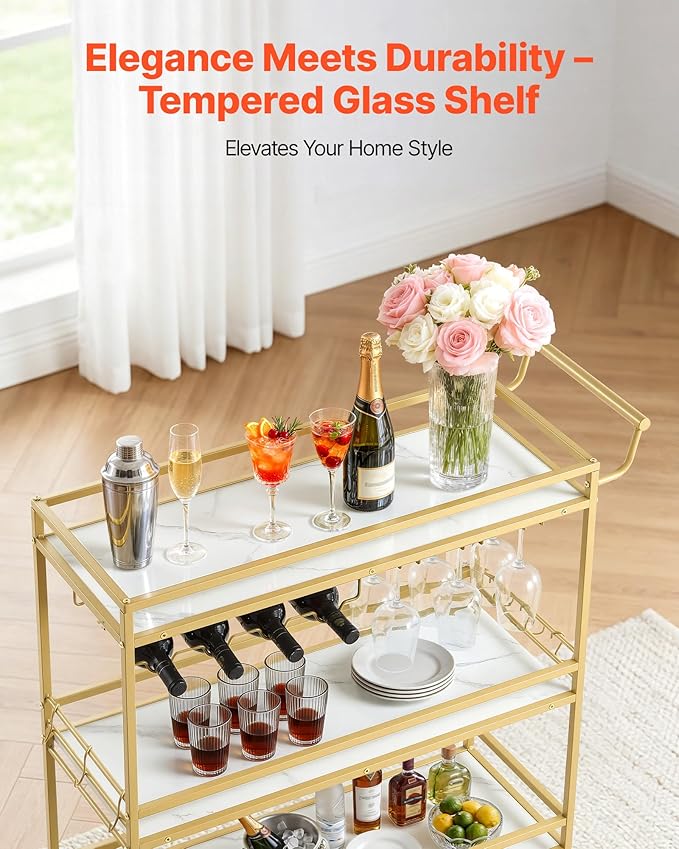 VEVOR Bar Cart, 3 Tiers Home Kitchen Serving Carts, Modern Rolling Utility Station on Wheels, Mobile Drink Beverage Trolley with Wooden Shelf, Wine Rack, and Glass Holder, 35.83x12.99x36.81 in, Gold