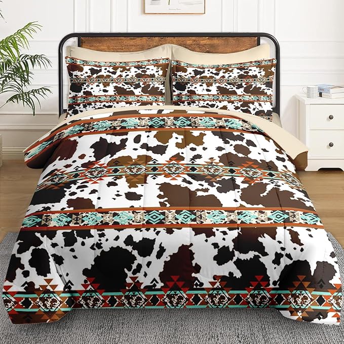WeCozy 7 Pcs Full Size Comforter Set with 2 Pillowcases & 2 Shams, Cow Brown Print Bedding for Kids and Adults, Vintage Retro Bed in a Bag with Flat Fitted Sheet
