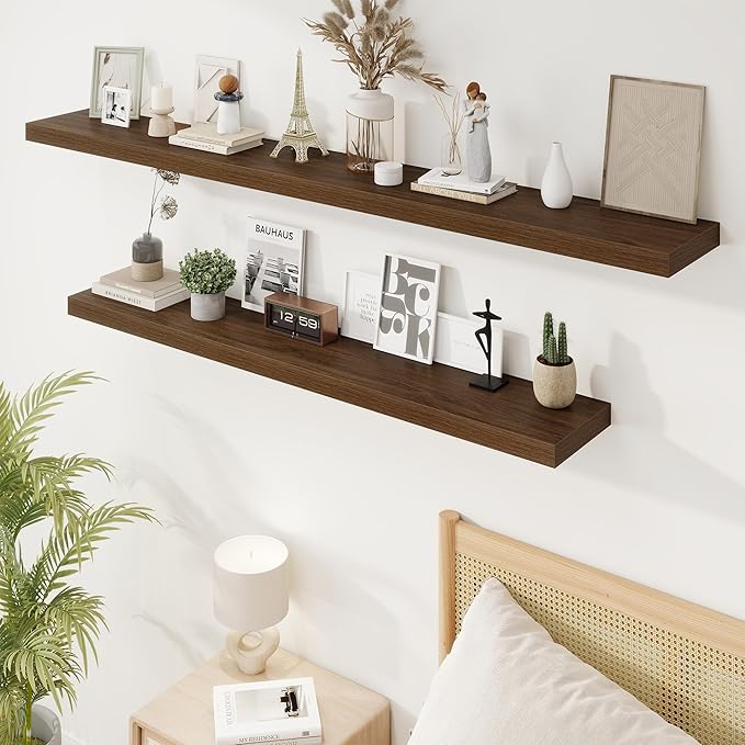 72in Floating Shelves for Wall, 72"W x 9.25"D x 1.5"H, Long Wall Mounted Engineered Wood Shelves with Invisible Brackets for Living Room, Bedroom, Bathroom, Kitchen Decor and Storage, Walnut