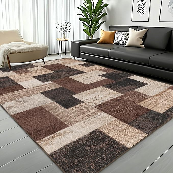 Modern Geometric Patchwork Indoor Area Rug for Living Room, Chocolate 8'x 10' Large Rug Rockwood Collection Hardwood Floors Decor for Bedroom, Brown Throw Carpet for Office Entryway Dining Room
