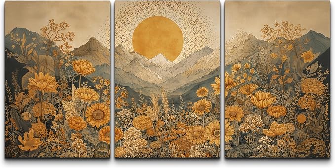 wall26 Canvas Print Wall Art Set Boho Sunflower Mountain Vintage Yellow Floral and LandscapeDecorative Minimal Relax/Zen for Living Room, Bedroom, Office - 24"x36" x 3