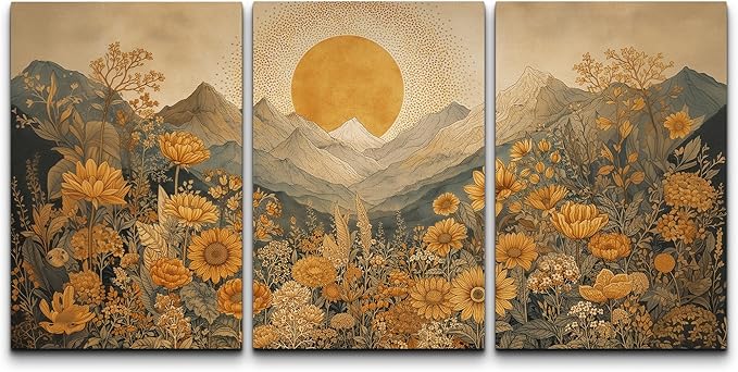 wall26 Canvas Print Wall Art Set Boho Sunflower Mountain Vintage Yellow Floral and LandscapeDecorative Minimal Relax/Zen for Living Room, Bedroom, Office - 16"x24" x 3
