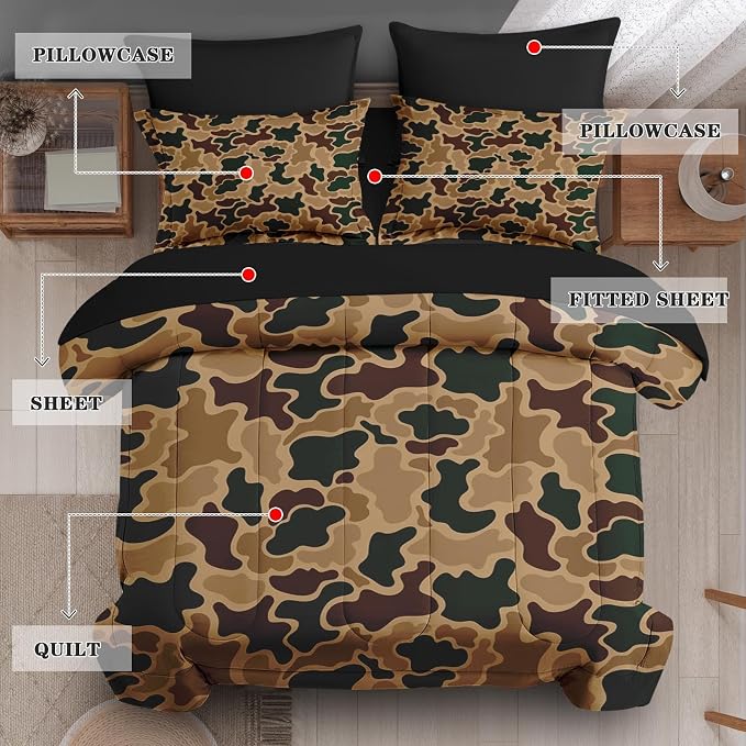 7Pcs Comforter Set Queen Size, Brown Camouflage Camo Hunting Hunter, Bedding Decor Wood Green Desert Army Military Bedroom Bed Set Flat Sheet Fitted Sheet Pillowcases Shams for Kids Adults