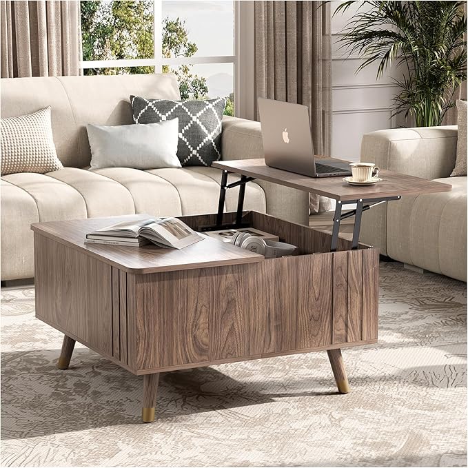 32" Square Lift Top Coffee Table with Storage,Mid Century Modern Walnut Center Table with Rising Desktop for Living Room, Brown Wood Finish