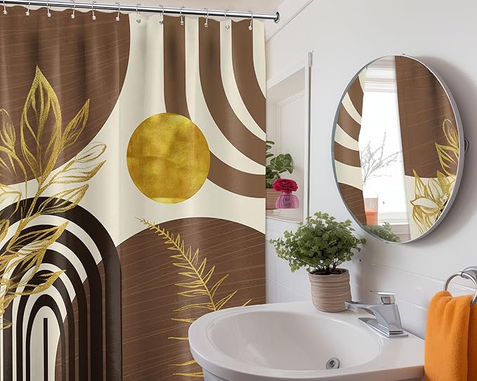 Mid Century Modern Black and Brown Shower Curtain Boho Beige and Dark Tan Gold Shower Curtains for Mens Bathroom Decor Sets, Waterproof Cloth Fabric with Hooks, 60x72in