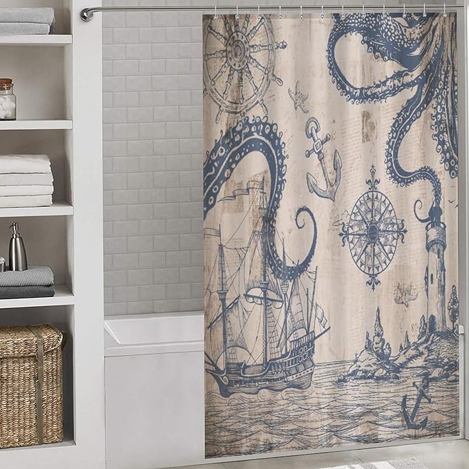 Ocean Nautical Shower Curtains,Sailboat Compass Hand Painted Navigation Vintage Nautical Elements Waterproof Shower Curtains for Bathroom Decor 12 Pack Hooks 55x72in（140x183cm）