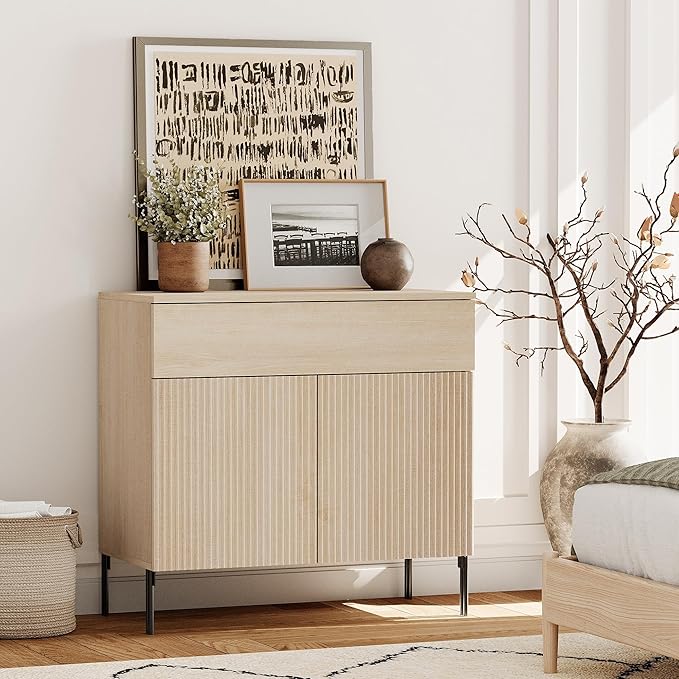 WAMPAT 31.5" Buffet Sideboard Cabinet with Storage, Wood Credenza Console Table with 1 Drawer & 2 Doors, Coffee Bar Cabinet, Wine Bar Storage for Dining Room, Living Room, Beige