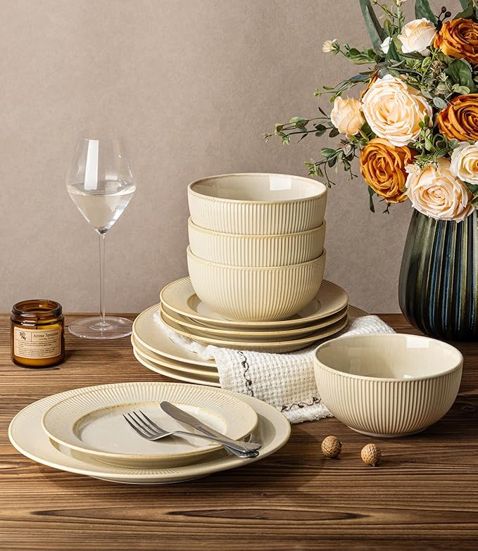 TheTerra Stoneware Dinnerware Sets for 4, 12 Pieces Ceramic Plates and Bowls Sets, Scratch Resistant Embossed Dish Set, Oven, Microwave & Dishwasher Safe, Cappuccino