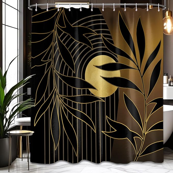 Black and Gold Boho Shower Curtain, Mid Century Modern Shower Curtains for Bathroom, Mens Bath Curtain Set, Waterproof Fabric with Hooks, 70" W x 72" L (Pack of 1)
