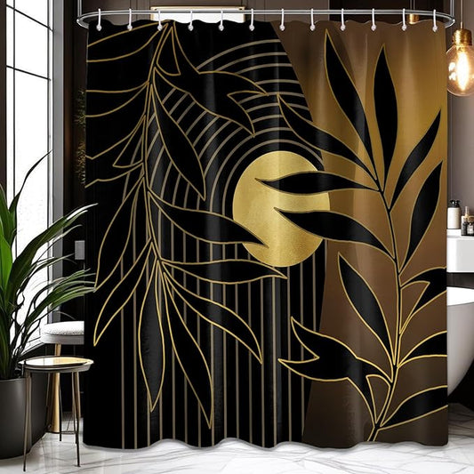 Black and Gold Boho Shower Curtain, Mid Century Modern Shower Curtains for Bathroom, Mens Bath Curtain Set, Waterproof Fabric with Hooks, 70" W x 72" L (Pack of 1)