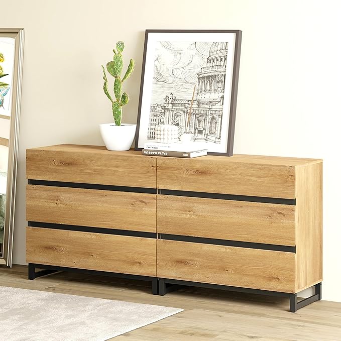 WAMPAT Dresser for Bedroom, Closet Organizers and Storage with 6 Drawers, Chest of Drawers with Metal Base, Modern Wood Dresser for Living Room, Bedroom,Oak