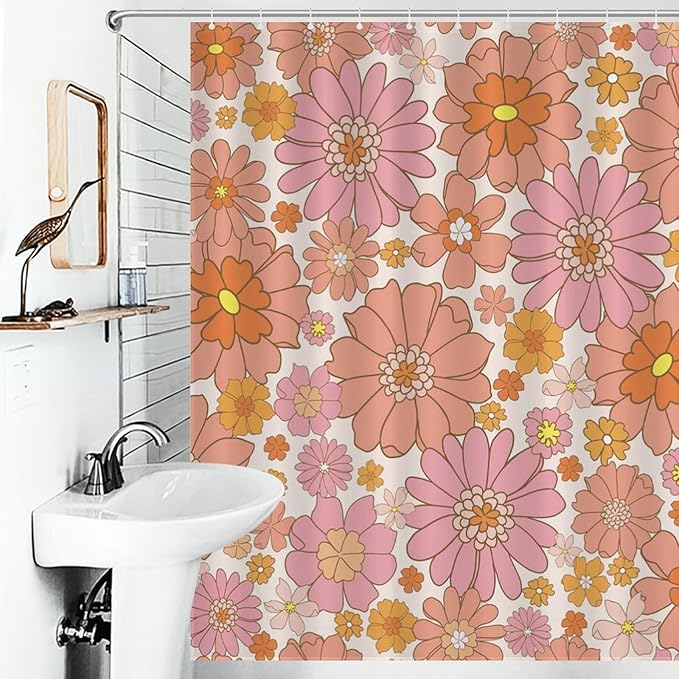 Pink 70s Floral Shower Curtain for Bathroom,Retro Vintage Hippie 70s Daisy Floral Flower Cute Funky Trippy Groovy Boho Waterproof Fabric Shower Curtain Set with Hooks, 72"x84"