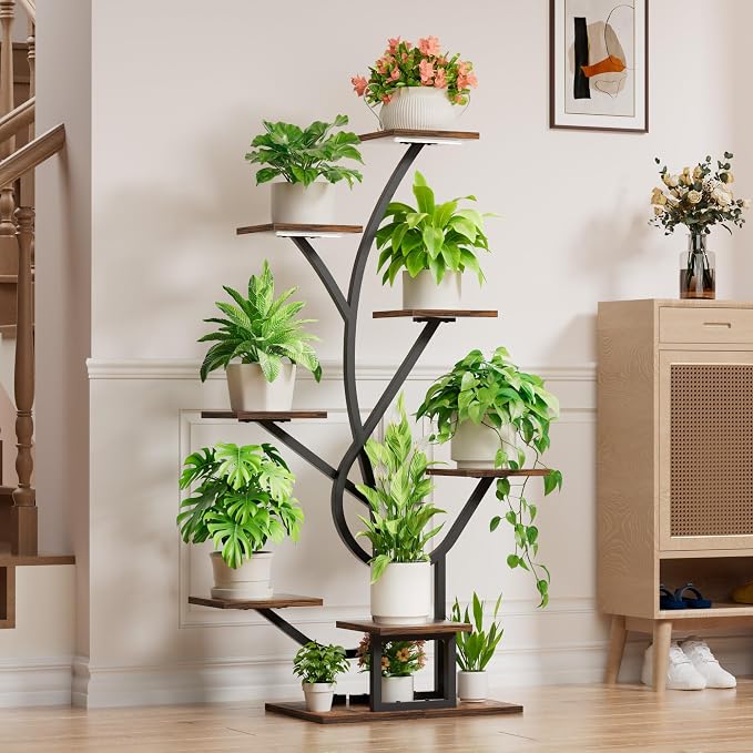 EVAWOO Plant Stand Indoor with Grow Lights - 8 Tiered Corner Plant Shelf Indoor, 50" Tall Lighted Plant Stand for Indoor Multiple Plants, Flower Stands Display Rack Holder for House, Patio, Black