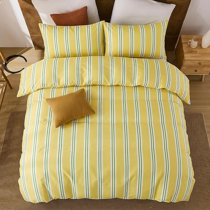 Merryword Striped Duvet Cover Set King Size - 100% Cotton Duvet Cover Set, Yellow Ribbon Stripes Pattern Comforter Cover 3 Pieces, Soft Linen Like Bedding Set for All Seasons