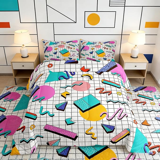 Manfei Memphis Comforter Set Queen Size, Retro 80s or 90s Geometric Fashion Style Quilt Set with 2 Pillowcases, Vintage Hip Hop Bedding Set 3pcs for Kids Boy Girls Lightweight Duvet Insert