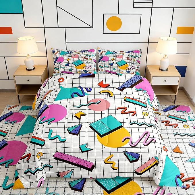 Manfei Memphis Comforter Set King Size, Retro 80s or 90s Geometric Fashion Style Quilt Set with 2 Pillowcases, Vintage Hip Hop Bedding Set 3pcs for Kids Boy Girls Lightweight Duvet Insert