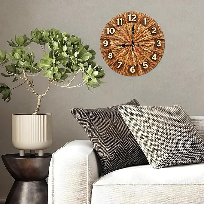 Rope Weave Sunburst Farmhouse Wooden Wall Clock 25cm*25cm