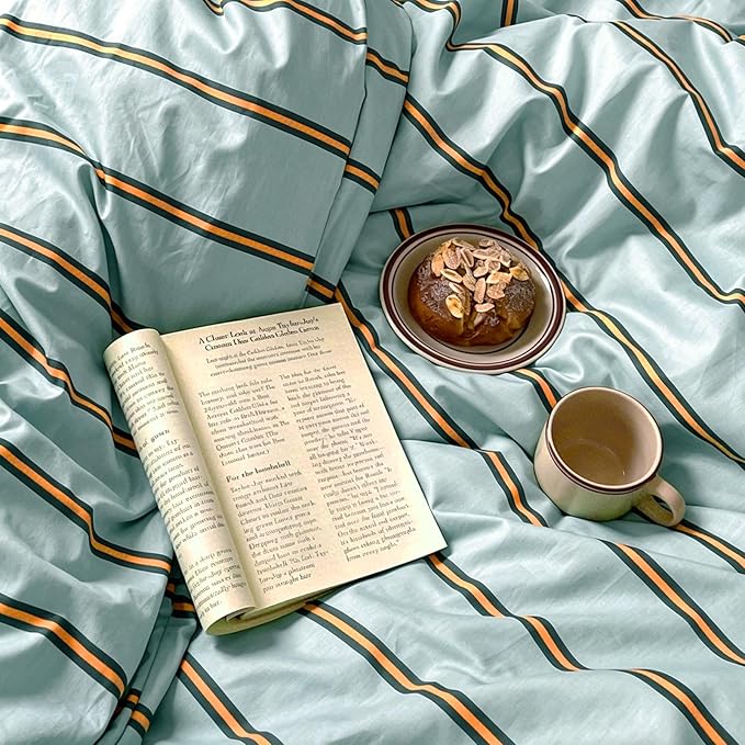 mixinni Retro Mint Blue Striped Duvet Cover Set - 100% Natural Cotton 3-Piece Vintage Stripes Pattern Printed Bedding Set, Soft Breathable Comforter Cover with Zipper Closure & Corner Ties, Twin Size