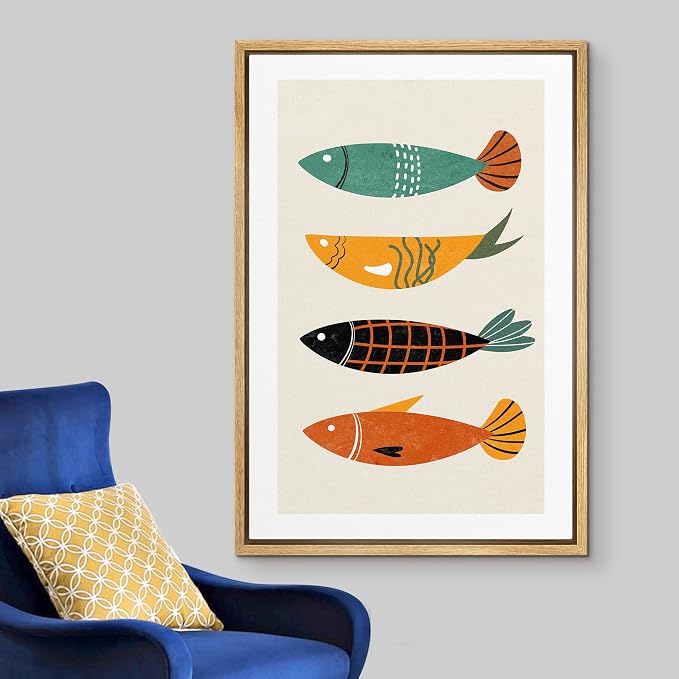 Woodrose Framed Canvas Print Wall Art Mid-Century Pattern Ocean Fish Animals Shapes Illustrations Modern Minimalist Chic Relax/Calm Multicolor for Living Room, Bedroom, Office - 16"x24" Natural