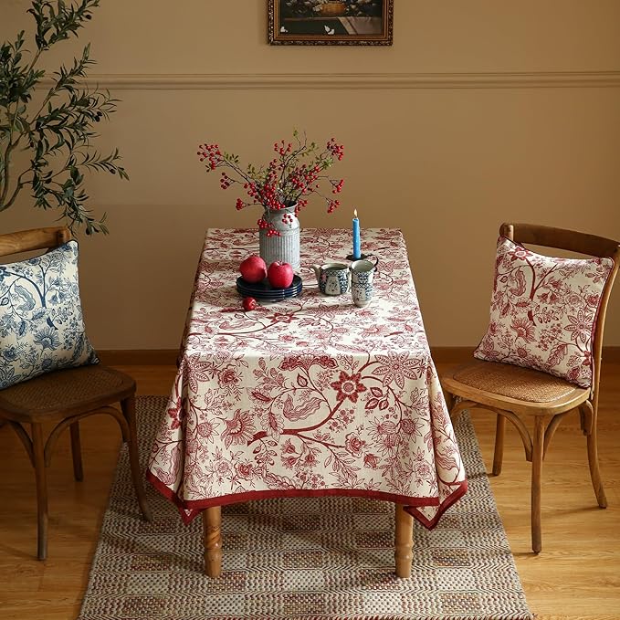 ISAENNE Designer French Linen Tablecloth Rectangular,Red Floral Washable Indoor Table Cloth,Durable Home Decor Tablecloths for Dining Thanksgiving Kitchen Party Christmas,55"*87"-Ruyi A