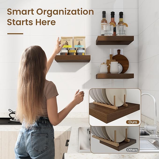 Square Floating Shelves for Wall, 11.5"W x 11.5"D x 1.25"H, 3 Pack Small Wall Mounted Engineered Wood Shelves with Invisible Brackets for Living Room, Bedroom, Bathroom, Kitchen Decor, Walnut