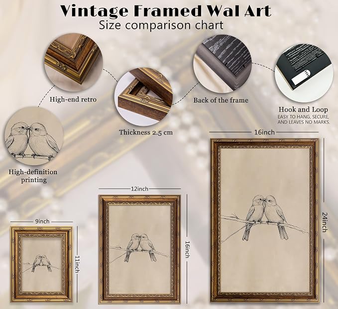 Vintage Gold Framed Bird Canvas Wall Art Two Birds Sketch Wall Decor Vintage Farmhouse Sketch Animals Artwork Retro Birds Painting Retro Rustic Print for Farmhouse Bedroom Living Room 16X24in