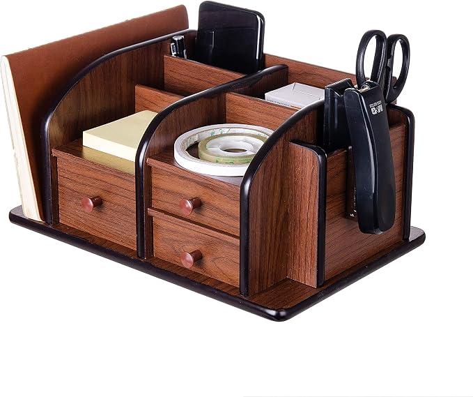 Liry Products Brown Wooden Desk Organizer Multiple Compartments 3 Drawers Slots 2 Shelves Racks Holder Office Supplies Caddy Tabletop Storage Desktop Stationery Accessory Sorter Home Kitchen