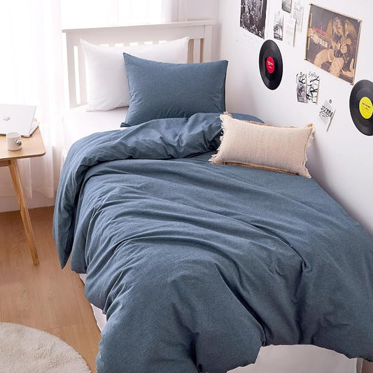 Wake In Cloud - Cotton Duvet Cover Set, 100% Washed Cotton, Linen Like Textured, Breathable Durable Comfy Farmhouse Neutral Bedding Set, 3 Pieces, Denim Blue, Twin/Twin XL Size
