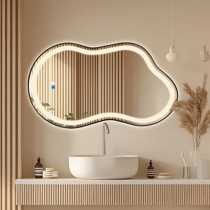 Dorlicecass Irregular Led Bathroom Mirror- Black 20"x36" Single Piece Vanity Mirror with Lights IP54 Enhanced Anti-Fog, 3 Colors Dimmable, Memory,Tempered Glass,UL Listed
