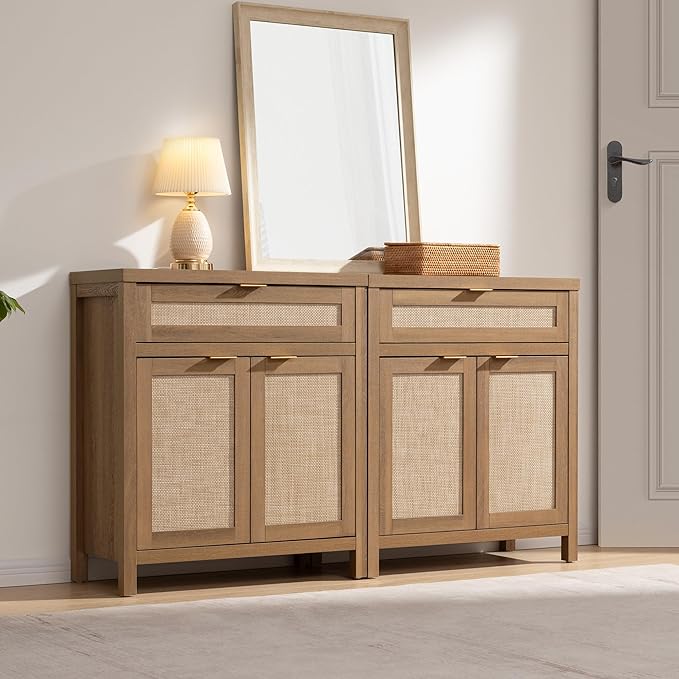 SICOTAS Buffet Cabinet Sideboard with Storage, Rattan Accent Cabinet with Doors Drawer, Boho Credenzas Farmhouse Buffet Table Console Coffee Bar Cabinets for Entryway Living Room, Natural Oak