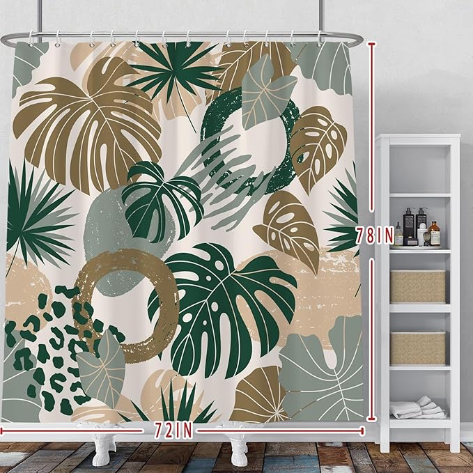 Baocicoo Bohemian Monstera Leaves Boho Floral Shower Curtain Decorative for Bathroom Cubicle Bathtub Waterproof Fabric Vacation Style with Hooks 72x78 Inches