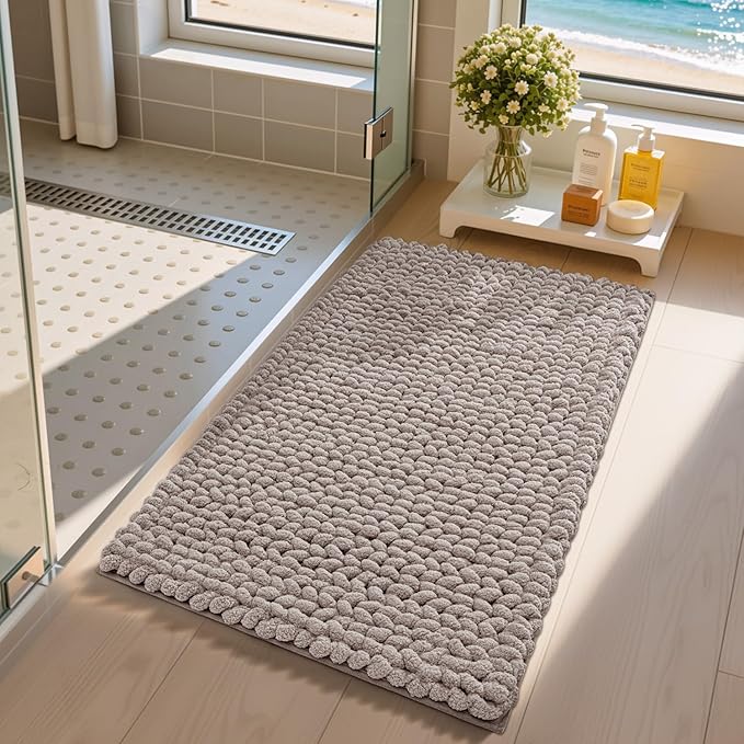 LUMI Luxury Bathroom Rug, Ultra Soft Quick Dry Bath Mat, Non-Slip Absorbent Thick Chenille Bath Rug, Cozy Braid Design Floor Mat for Bathtub, Sink, Laundry, Bedroom, Beige, 17"x30"