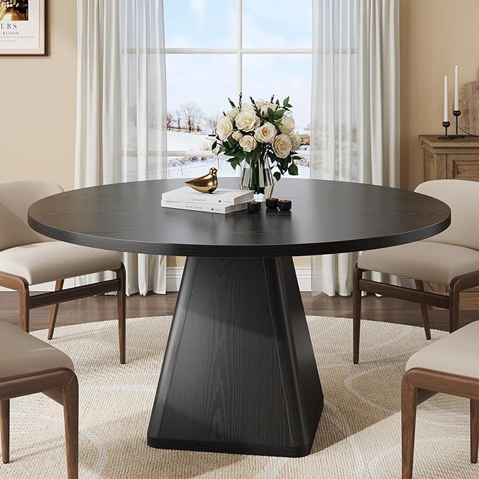 47 Inch Round Dining Table for 4-6, Circle Kitchen Table with Thickened Tabletop, Modern Dining Room Tables with Square Pedestal Base, Dinner Tables for Kitchen Small Space, Black (Table Only)
