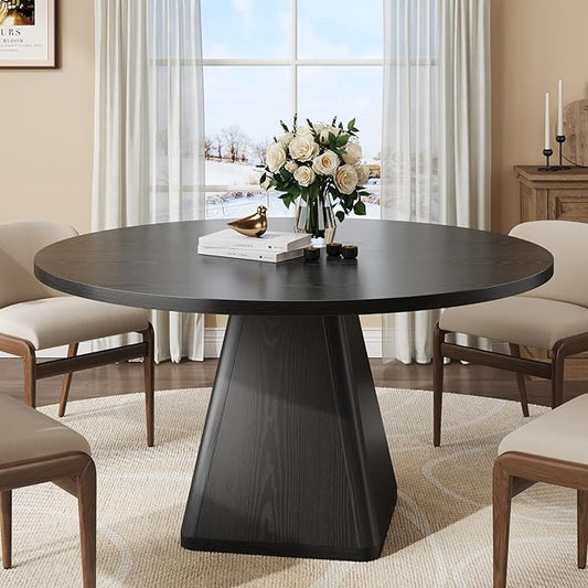 47 Inch Round Dining Table for 4-6, Circle Kitchen Table with Thickened Tabletop, Modern Dining Room Tables with Square Pedestal Base, Dinner Tables for Kitchen Small Space, Black (Table Only)