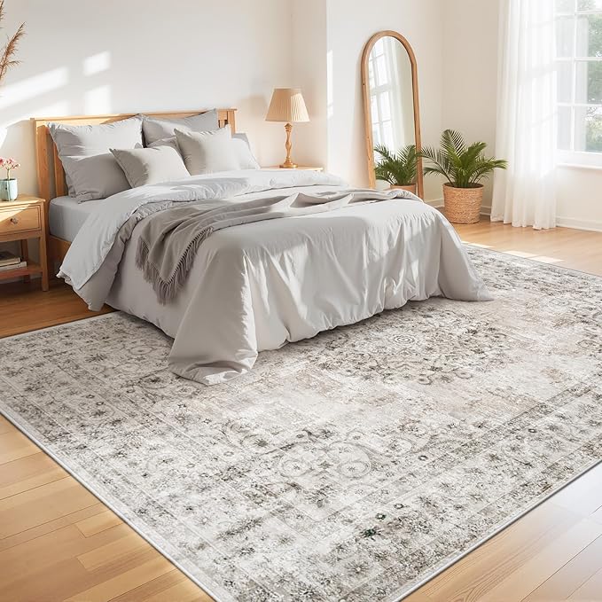 Area Rug 8x10 Vintage Rug: Large Washable Indoor Medallion Rugs Low Pile Distressed Floor Carpet Retro Accent Rug for Living Room Bedroom Kitchen Dining Table Home Office(Distressed Taupe, 8'x10')
