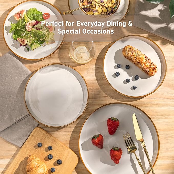 GBHOME 18-Piece Stoneware Dinnerware Set for 6 – Ribbed Ceramic Plates and Bowls, Scratch-Resistant, Microwave & Dishwasher Safe, Reactive Glaze, White with Honey-Brown Edge