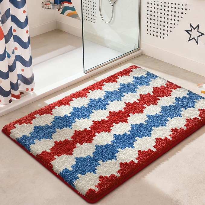 LUMI Bathroom Rugs with Wave, Soft Absorbent Bath Mat for Modern Home Decor, Non-Slip Quick-Dry Bath Rug, Machine Washable Floor Mat for Shower and Tub, Entryway, 16"x24", Azure Wave