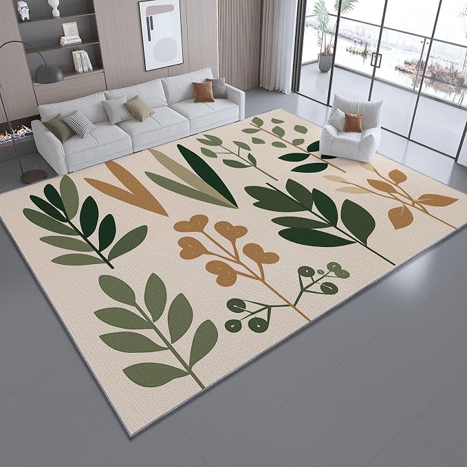Area Rugs for Living Room, 5x7 Washable Rug Green Soft Low Pile Non-Slip Carpet Stain Resistant Carpets for Bedroom Dining Room Farmhouse Nursery, Retro Leaves Bohemian Plants